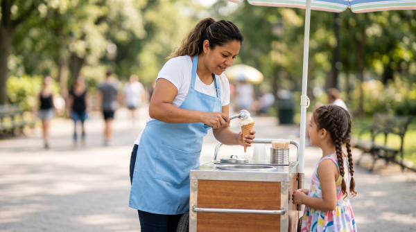 Ice cream cart owner starting a business.