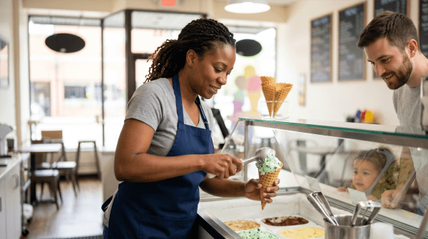 Ice cream shop owner serving ice cream to customers at a dessert and frozen treats business