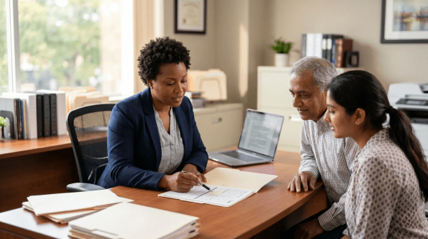 Immigration consultant meeting with a client to discuss visa applications and immigration paperwork