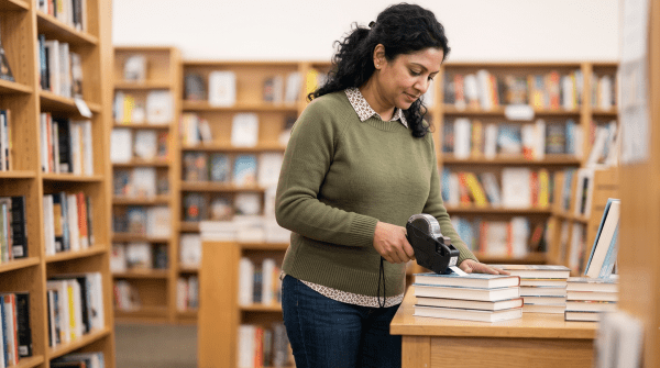 Independent bookstore owner running an independent bookstore