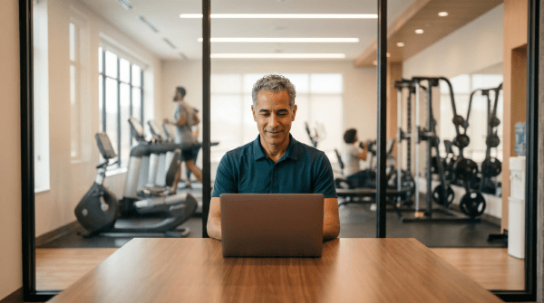 Fitness center owner registering a gym business as an LLC on computer