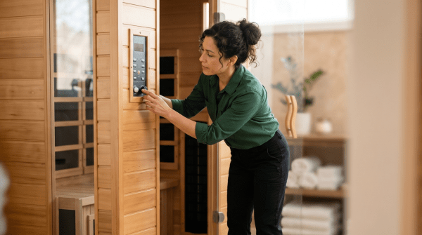 Infrared sauna studio owner preparing a private sauna suite for a client