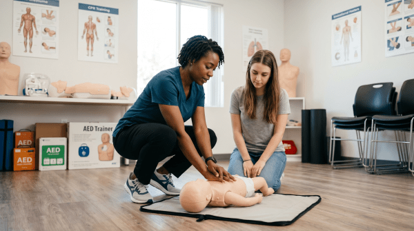 CPR training instructor demonstrating life-saving techniques on a mannequin during a certification class