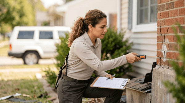 Insurance adjuster business owner on-site documenting and assessing a property damage claim