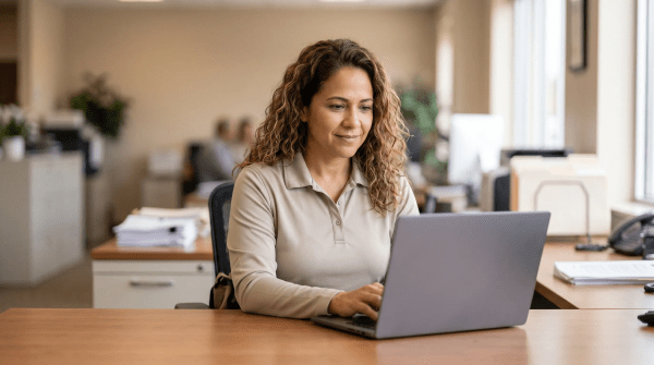 Insurance adjuster registering an insurance business as an LLC on a laptop