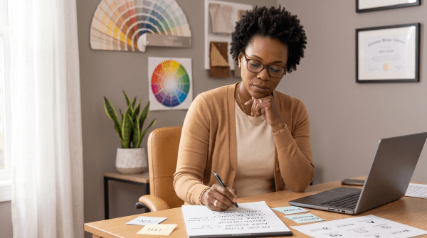 Interior color consulting owner brainstorming business name ideas
