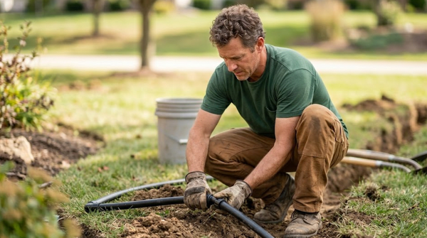 Irrigation installation contractor installing a sprinkler system for a landscaping and irrigation business