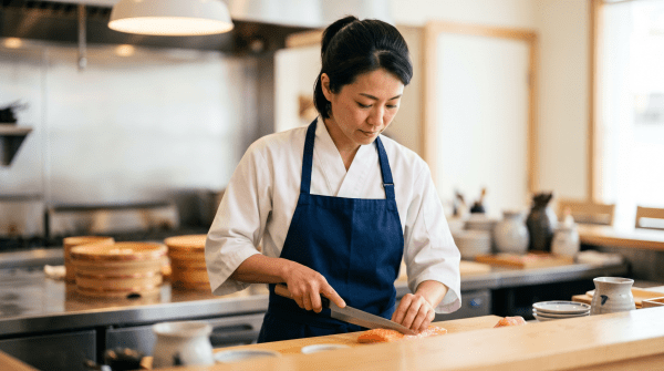 Japanese restaurant owner working on their business