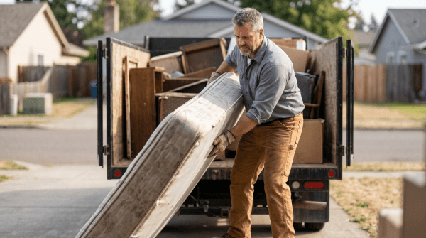 Junk removal service owner hauling junk from a property for a cleanup and hauling business