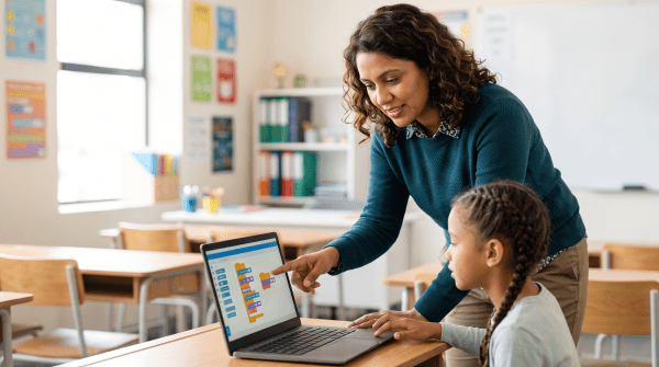 Kids coding school instructor helping children at computer workstations