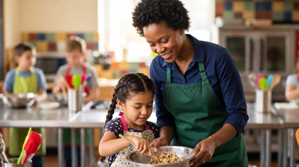 Kids cooking class instructor teaching children to prepare a recipe