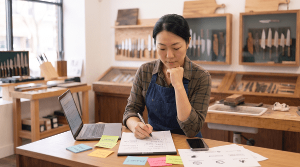 Knife and cutlery shop owner brainstorming business name ideas