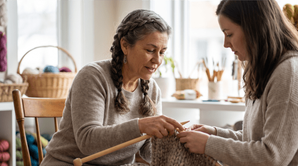 Knitting and crochet instructor demonstrating a stitch to students