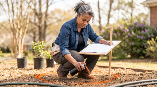 Landscape designer designing an outdoor living space for a landscaping business