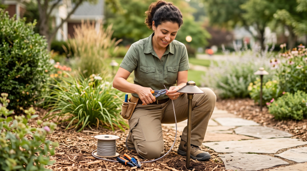 Landscape lighting business owner installing landscape lighting