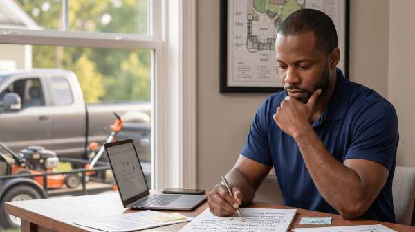 Landscaping company owner brainstorming business name ideas