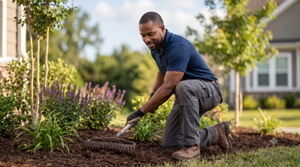 Landscaping company owner landscaping a yard