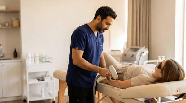 Laser hair removal technician performing a treatment on a client