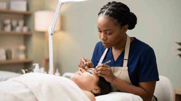 Lash extension artist applying eyelash extensions at a beauty and cosmetics business