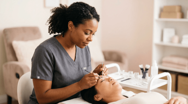Lash lift studio technician performing a lash treatment on a reclining client