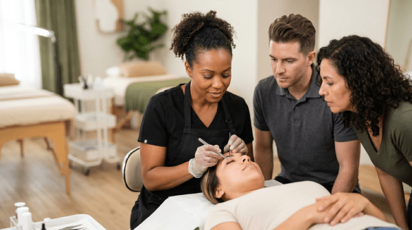 Lash training academy instructor demonstrating technique to students
