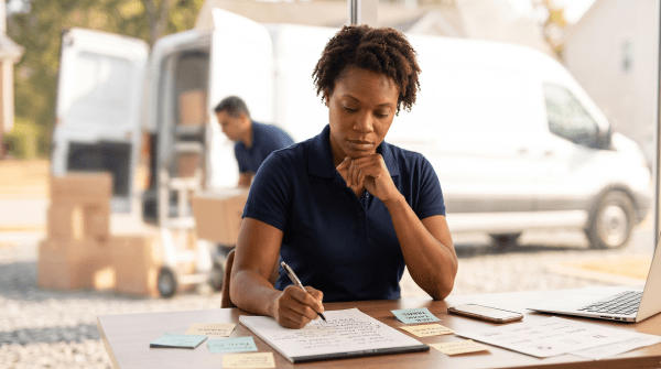 Last-mile delivery business owner brainstorming LLC name ideas