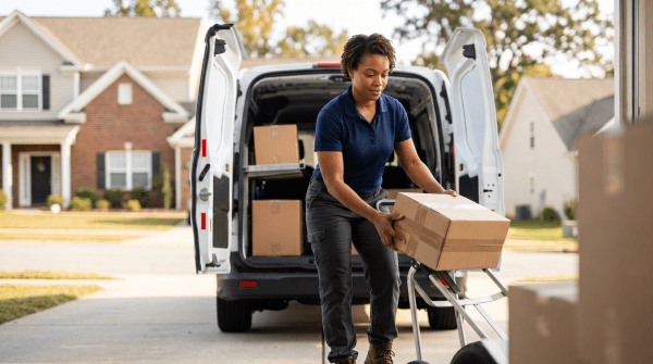 Last-mile delivery driver delivering packages to customers for a logistics and delivery company