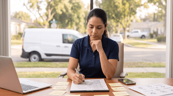 Last mile logistics owner brainstorming business name ideas
