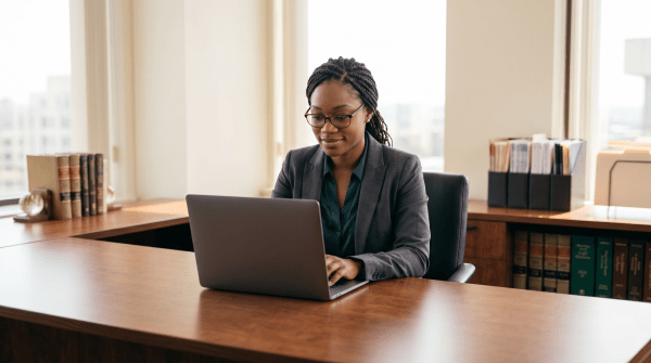 Law firm owner registering a law firm as an LLC on a computer