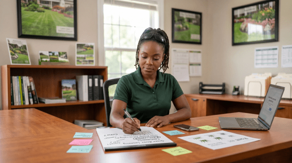 Lawn care owner brainstorming business names