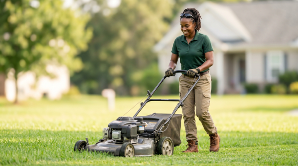 Lawn care service owner discussing landscaping and yard maintenance plans with a homeowner client