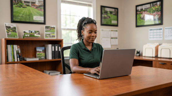 Lawn care owner registering a lawn care business as an LLC from workspace
