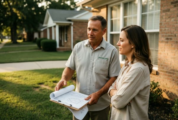 Lawn care service owner discussing landscaping and yard maintenance plans with a homeowner client