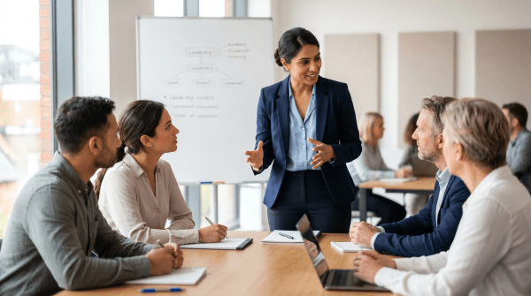 Leadership training business owner leading a professional development and corporate training session