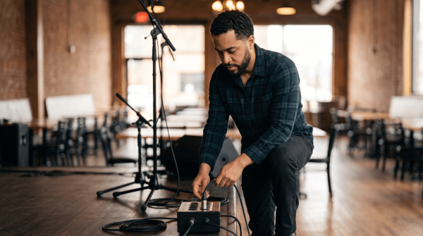 Live music venue owner preparing the stage before a show