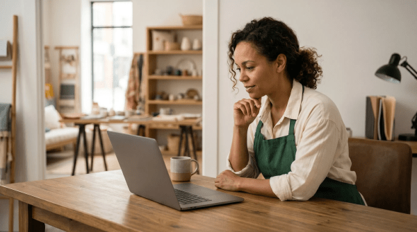 Local gift shop owner arranging products while starting an LLC