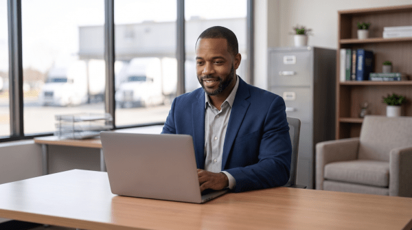 Logistics consultant starting a logistics business LLC from office desk