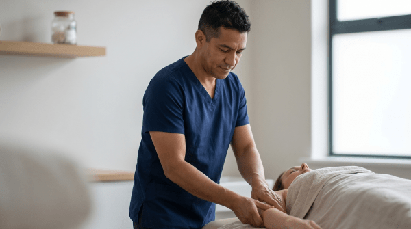 Lymphatic drainage therapist performing a massage on a client