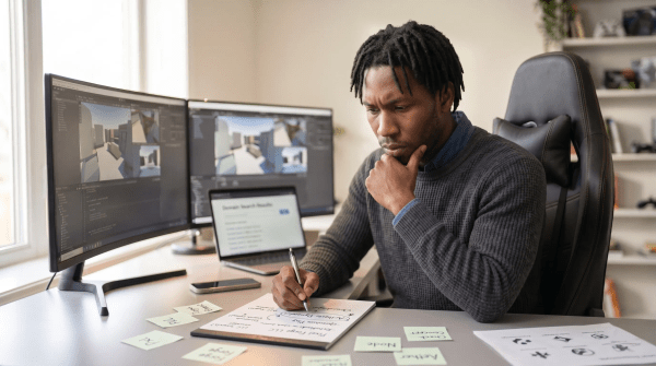 Video game designer brainstorming business names