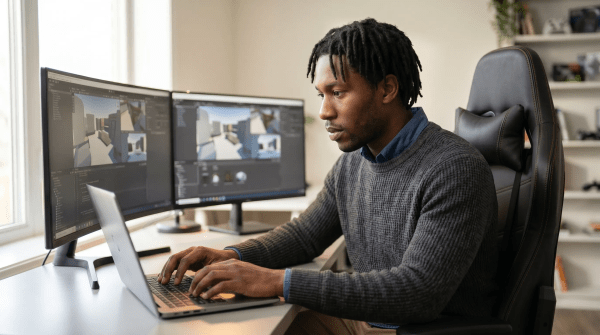 Video game designer working on 3D game environments at a multi-monitor home office setup
