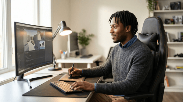 Video game designer business owner working on game development and design on a computer