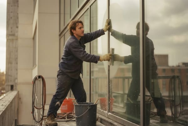 Window cleaning professional cleaning large windows at a post-construction job site