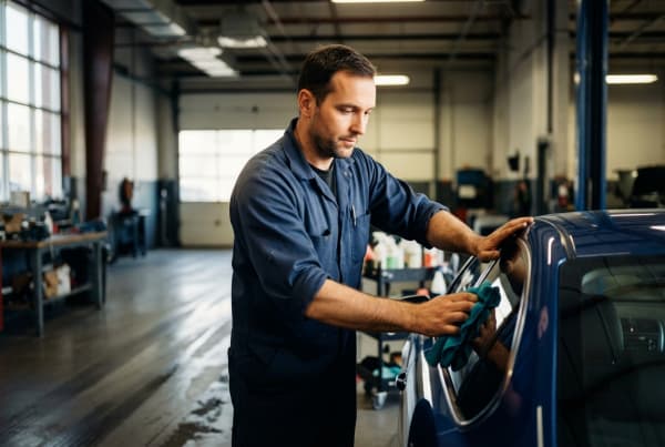Auto detailing professional polishing and cleaning a car at a detailing shop