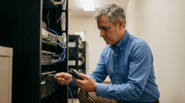 Managed service provider business owner working in office