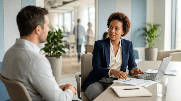 Management consulting business owner presenting a strategic business plan to a team