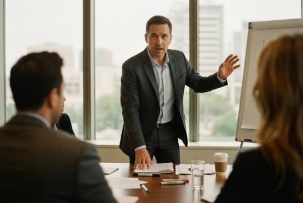 Management consulting business owner presenting a strategic business plan to a team
