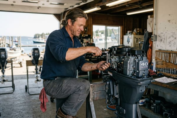 Marine small engine repair business owner actively servicing a boat motor