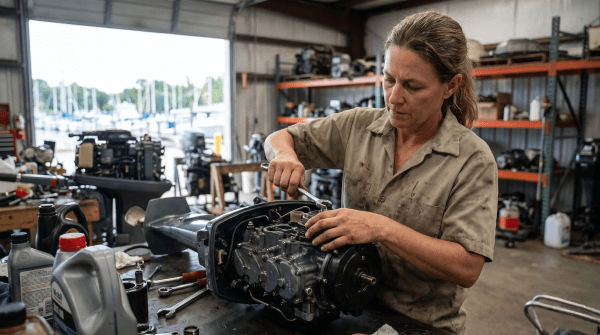 Marine small engine repair business owner actively servicing a boat motor