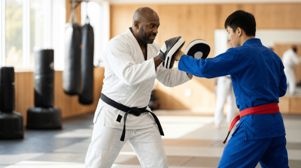Martial arts academy owner teaching a martial arts and self-defense training class