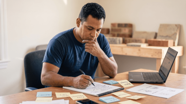 Masonry contractor reviewing LLC name ideas for a construction company
